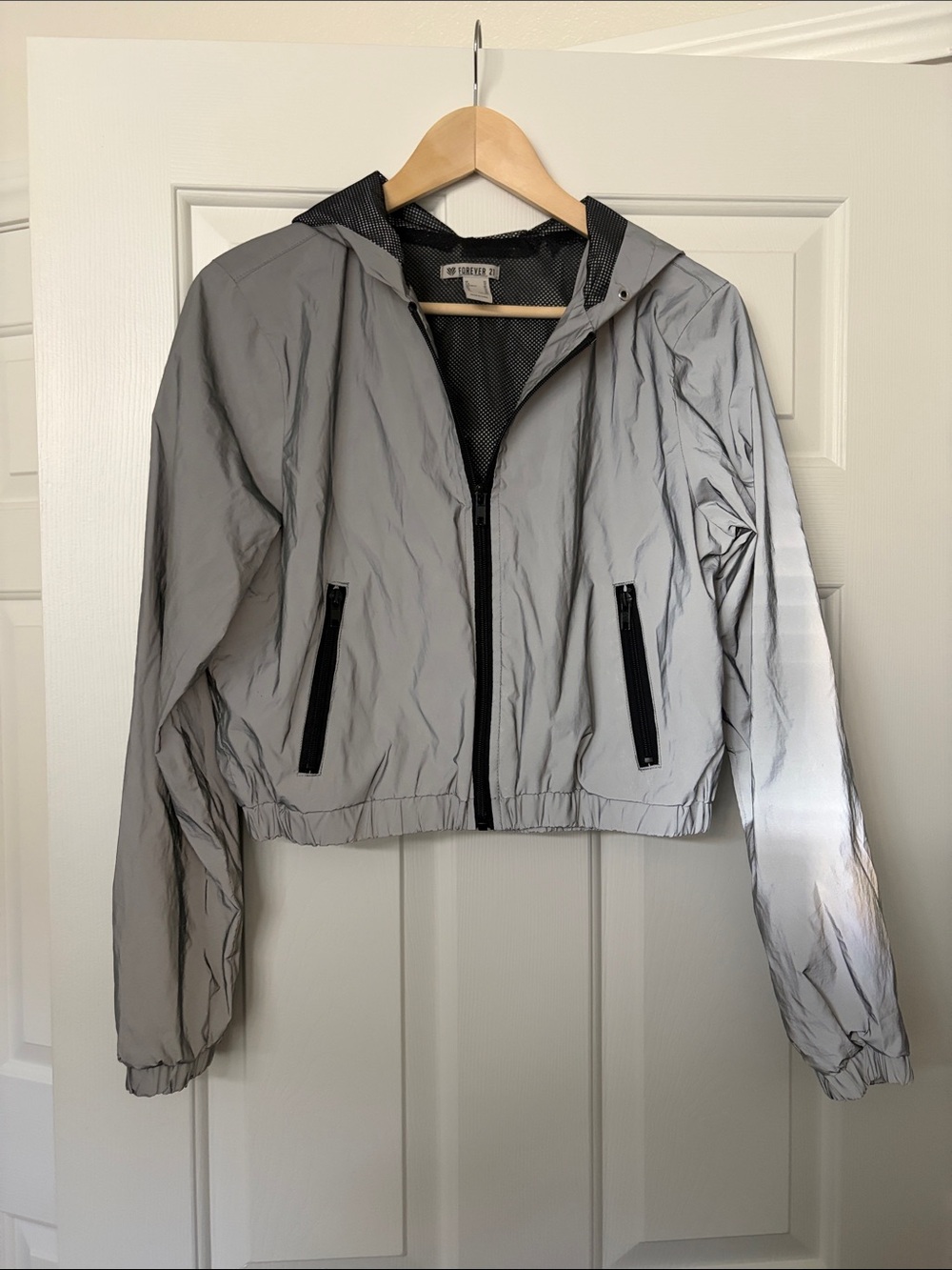 Forever 21 Silver Reflective Hooded Bomber Jacket